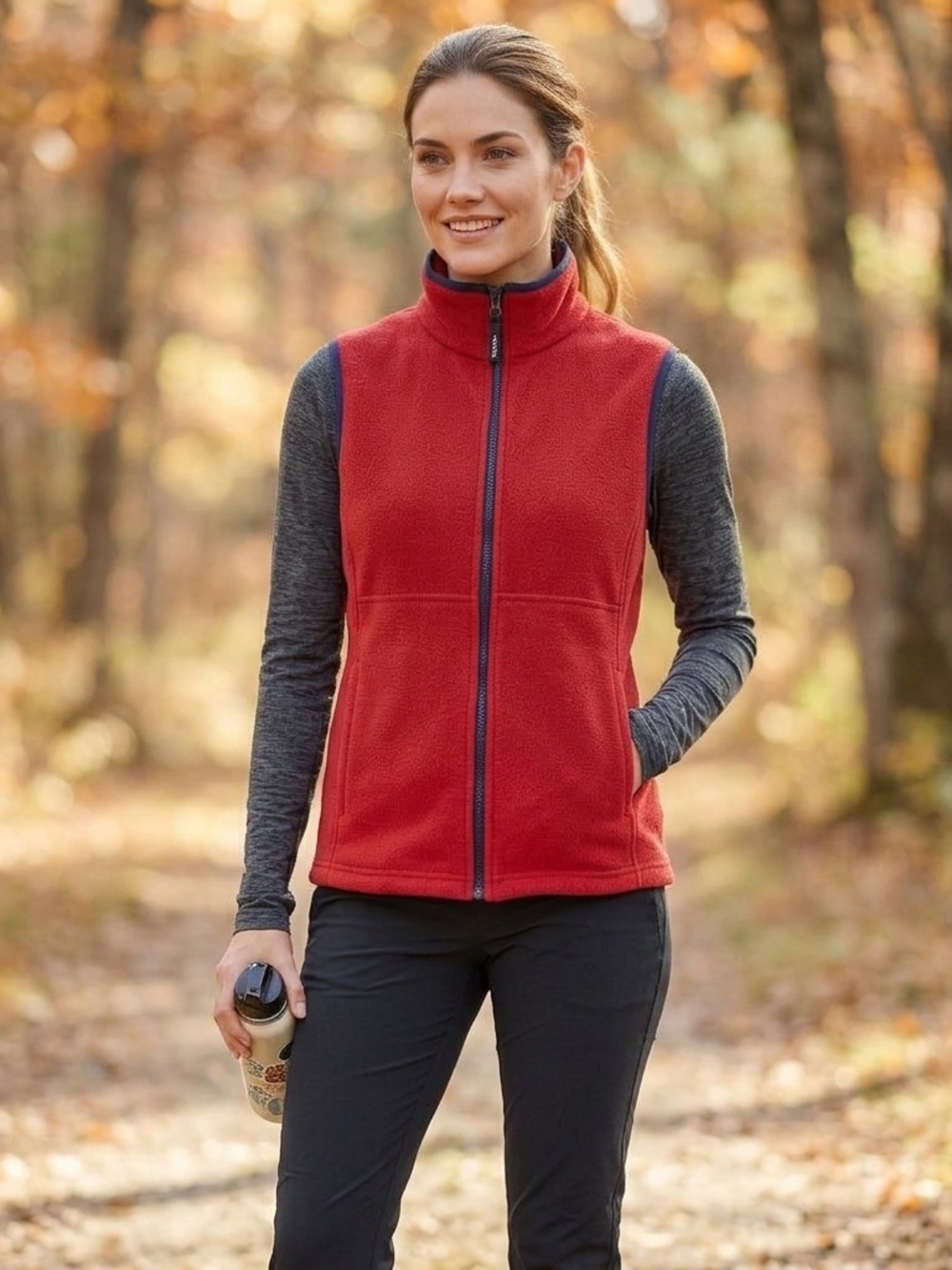 LL Bean Outdoors Vintage Polartec Fleece Vest Red Navy Trim Women’s Medium Reg